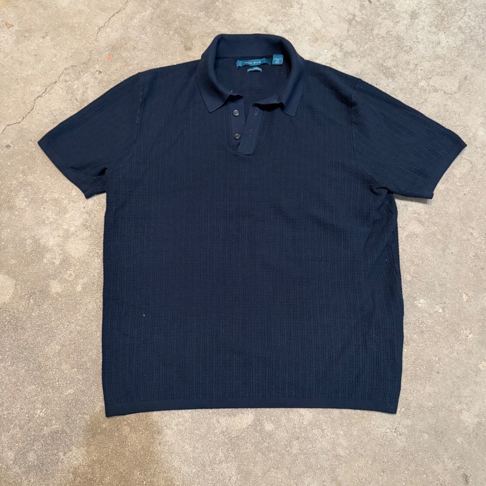 Perry Ellis Polo Shirt Mens Large Navy Blue Textured Knit Short Sleeve EcoVero